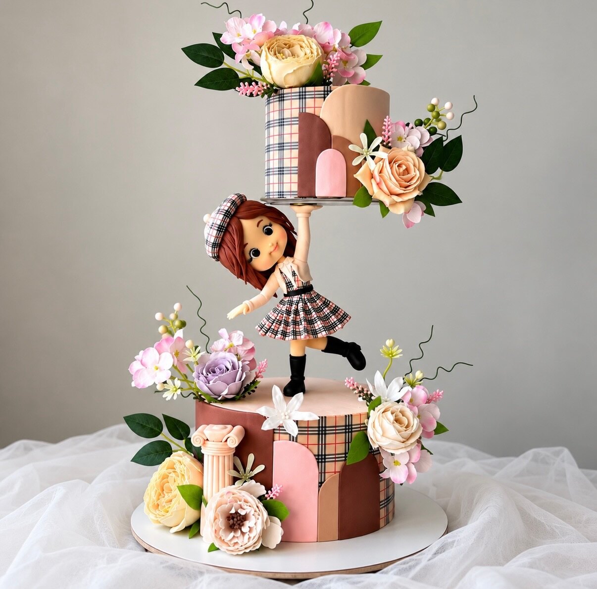 Anti-gravity cake - girl figurine lifting a gift box of sugar flowers
