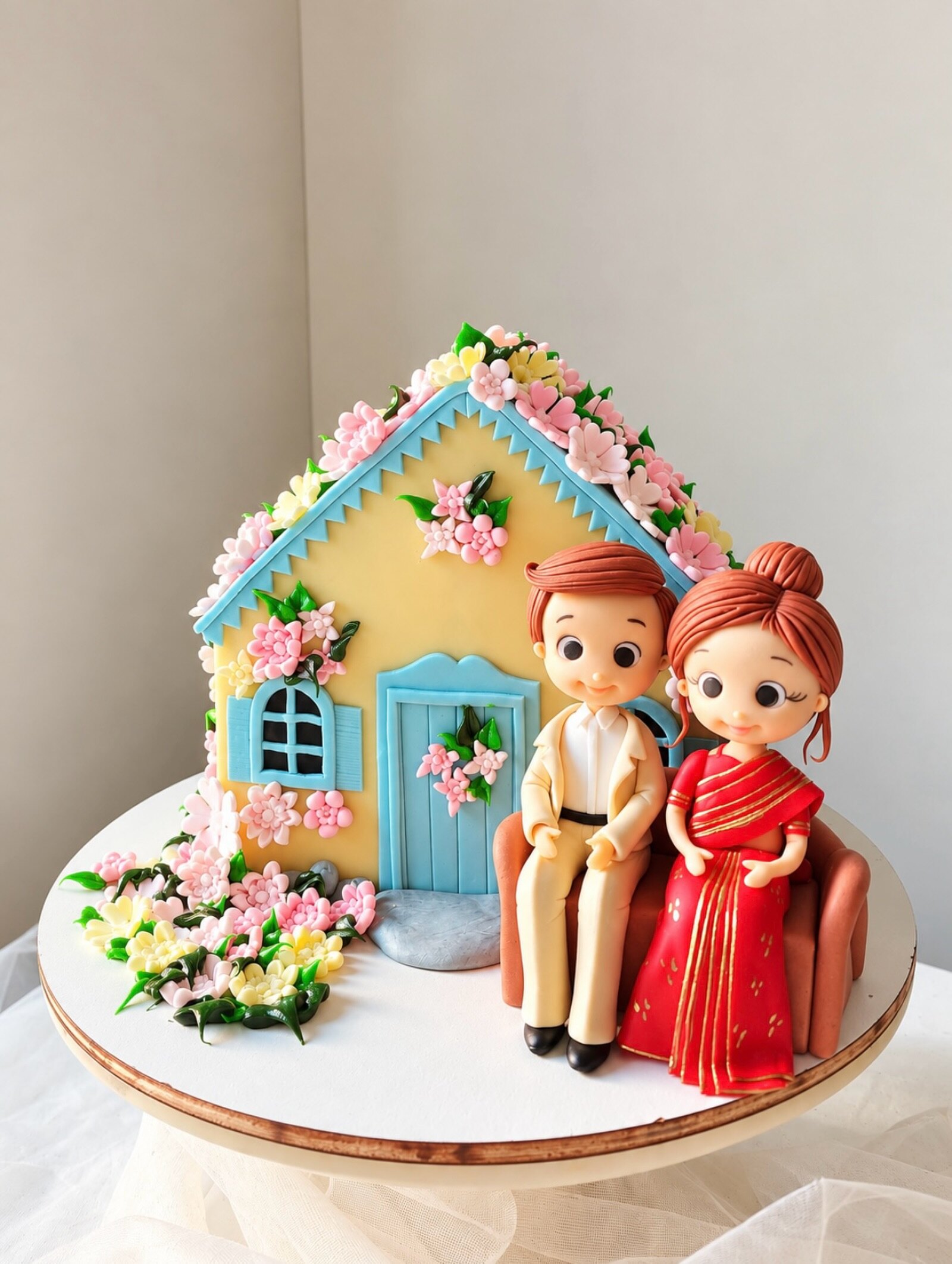 Housewarming cake with couple figurines in front of a pastel home